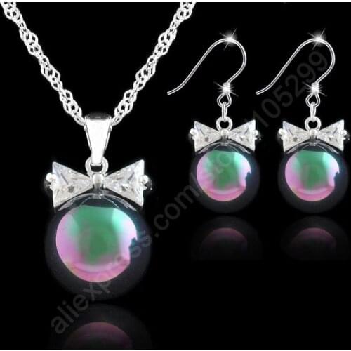 New Arrival Jewelry Sets 12MM Pearl 925 Sterling Silver Jewelry Bowknot Cubic Zirconia CZ Pendant Necklaces Earrings Set