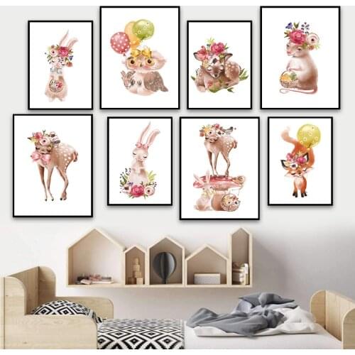Rabbit Owl Deer Mouse Fox Balloon Snails Flower Wall Art Canvas Painting Nordic Posters And Prints Wall Pictures Kids Room Decor