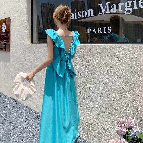 Summer WomenS Sweet style Retro Backless Casual Square collar sleeveless One-Piece Dresses Seaside vacation beach dress blue