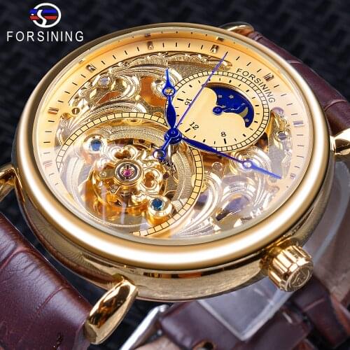 Forsining Luxury Golden Skeleton Display Blue Hands Brown Genuine Leather Belt Men Mechanical Wristwatches Waterproof Clock Male