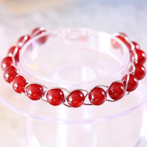 Wire Wrapped Round Beads Bracelet Natural Stone Gem Red Carnelian Energy Bangle for Women Jewelry Gift H089