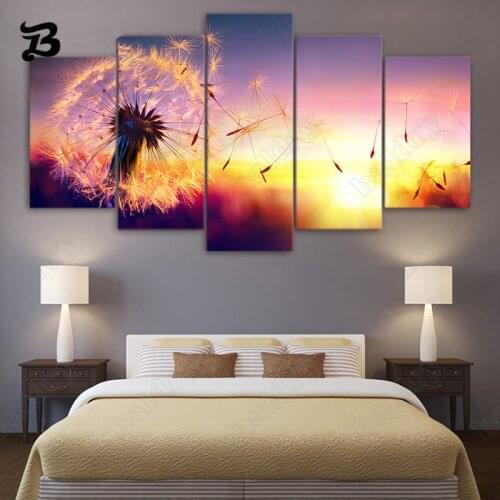 Dandelion Flower Canvas Painting 5 Pieces Flying In Sunset Decorative Canvas Posters Prints Landscape Art for Kids Room Decor
