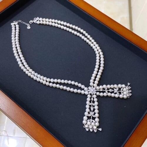2ROWS freshwater pearl necklace white near round 7-8MM +white zircon pendant wholesale nature beads FPPJ