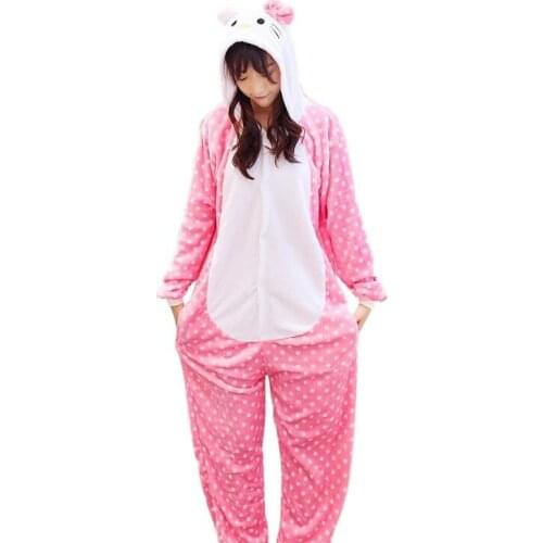 Unisex Adults Animal Pajamas Anime Onesie Bow Cat Flannel Cartoon Cute Warm Cosplay Sleepwear