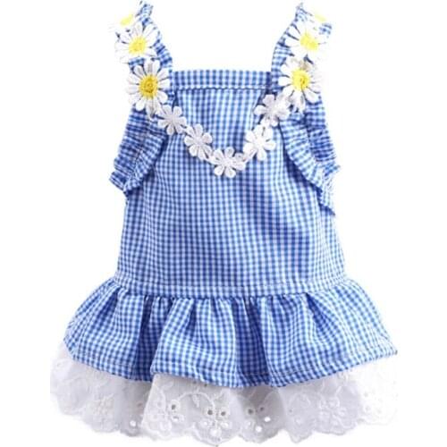 Sweet Princess Dress Tutu Lace For Female Blue Plaid White Flower Puppy Cats Small Medium Dogs Holiday New Year Party