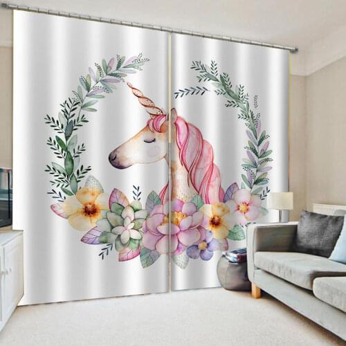 Unicorn Flowers Window Curtains Green Pink Purple Cute Indoor Curtains For Kids Girls Room Bedroom Party Decor Treatment Draps