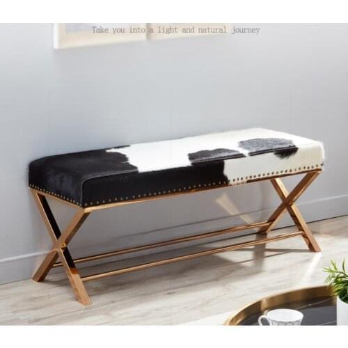 Luxury cow leather bench bed tail stool bar stool shoes stool sofa low stool rose gold stainless steel
