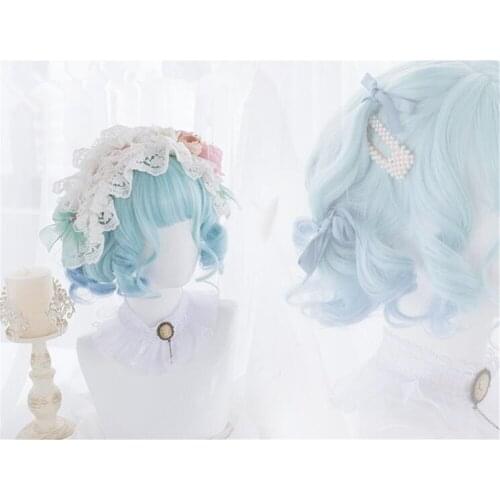 Lolita 26cm Light Blue Bob Short Wavy Bangs Cute Party Synthetic Hair Cosplay Wig D111