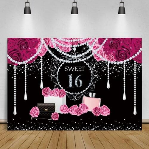 Happy Sweet 16th Birthday Party Princess Rose Strings of Pearl Party Decor Pendant Poster Banner Photo Background Photo Backdrop