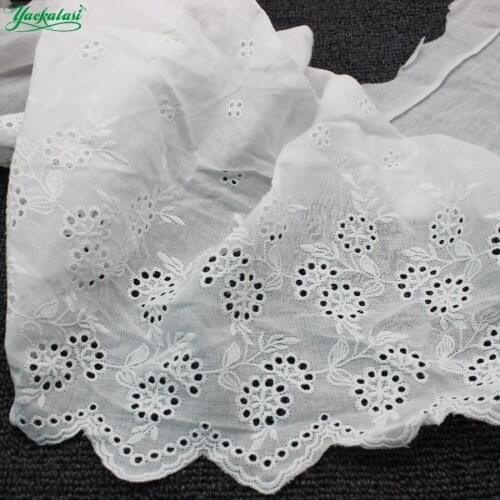 YACKALASI 7 Yds 100% Cotton Lace Eyelet Embroidered Fabrics Swiss Cotton Voile Appliqued 3D Flower Trims Diy NatureWhite 34cm