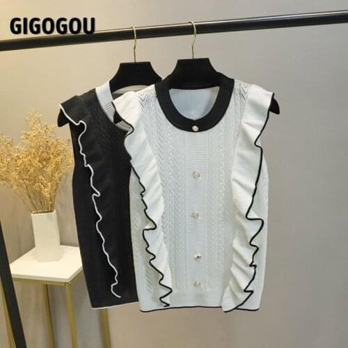 GIGOGOU Ruffled Women O Neck T Shirt 2021 Summer Sleeveless Tank Top Shirts Patchwork Tshirt Female Knit Pullovers Blouse