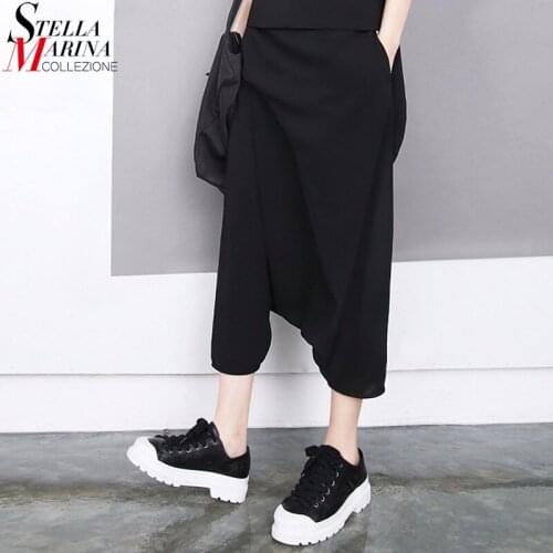 Japanese Style Woman Summer Solid Black Harem Pants Elastic Waist Calf Length Loose Girls Streetwear Casual Harajuku Pants 1493