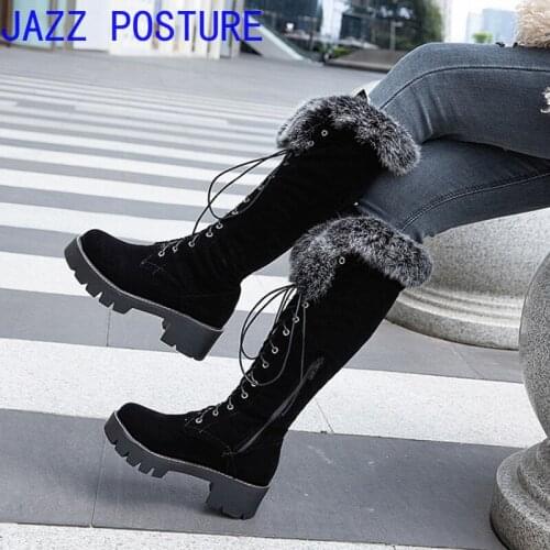 2021ladies knee high boots luxury fur warm boots girls round head shoes ladies shoes tied rope boots square high heel boots q218