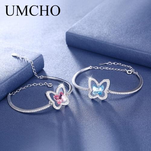UMCHO Crystal Real 925 Silver Bracelet Butterfly Pink Blue Bracelets Romantic Jewelry For Women Girls Festival Anniversary Gift