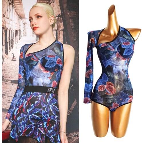 Latin Dance Clothes For Women Blue Printed Mesh Tops Ballroom Dancing Performance Bodysuit One-Shoulder Dance Costumes VDB3480
