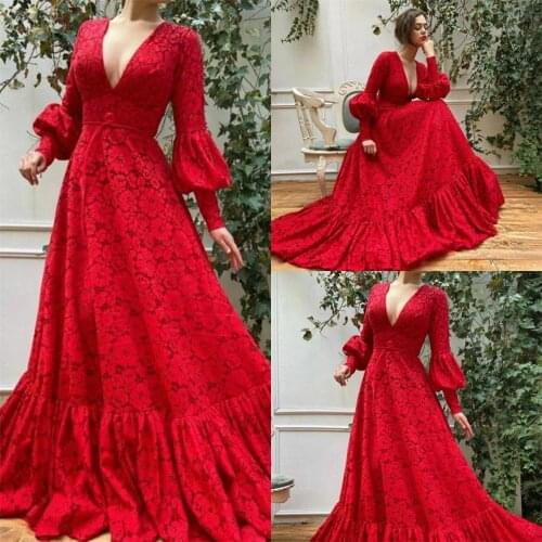 2020 Red Evening Dresses Deep V Neck Lace Long Sleeve Prom Dress Custom Made Specail Occasion Party Gowns
