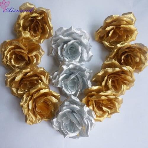 50pcs 10cm Silk Rose Flower Heads Silver & Gold Flowers For Wedding Decoration Decorative Flowers & Wreaths Christmas Supplies