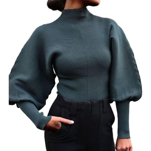 AECU Spring Autumn Women Sweater Turtleneck Lantern Sleeve Pulovers Solid Fashion Sweater Knitted Female Jumper Tops Pull Femme