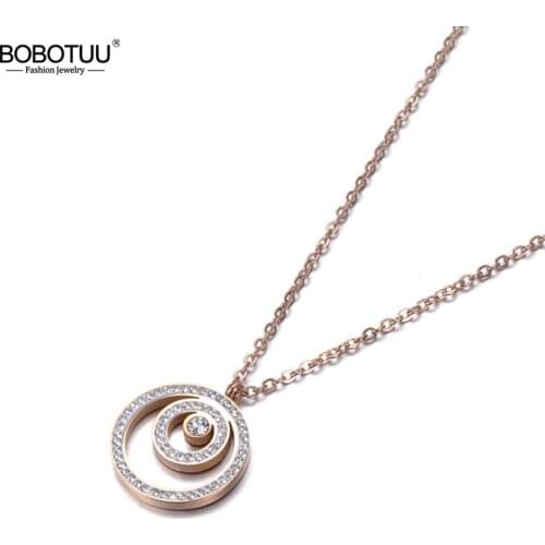 BOBOTUU 3 Circle White Rhinestones Pendant Necklace Rose Gold Color Stainless Steel Jewelry Gift For Girl Lady Women BN18272