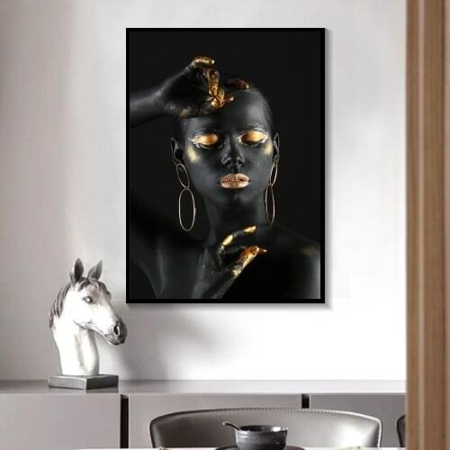 Black Nude African Woman With Golden Fibger And Lips Canvas Painting Wall Art Picture For Living Room Home Decoration Unframed