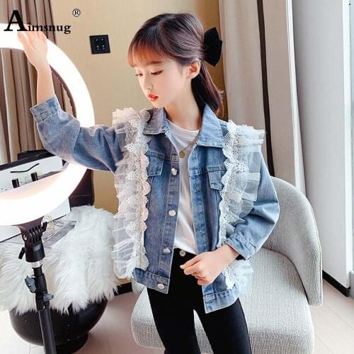 Children Demin Jacket Baby Girls Patchwork Lace Jackets Autumn 2021 Single-breasted Loose Coats Kids Demin Top Jean Outerwear
