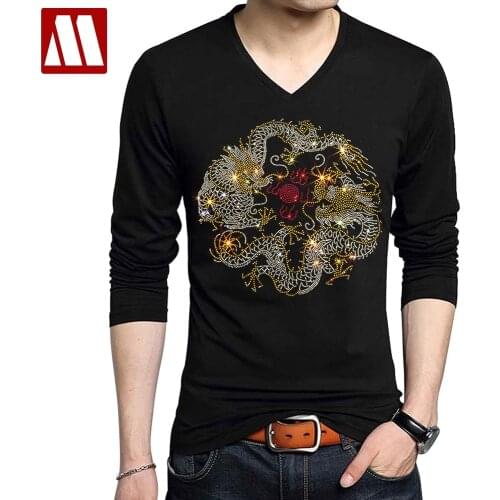 Chinese Style Dragon Tshirt Rhinestones Male Harajuku Casual Diamonds Mascot Tee Shirts Fashion Mens Short Sleeve Cotton T-shirt