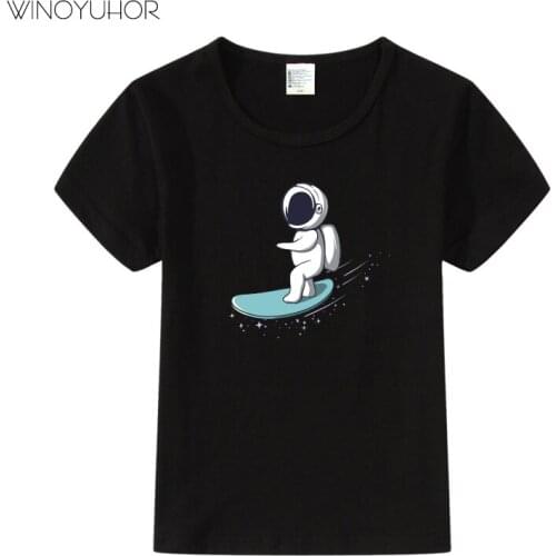 Astronaut Skateboard Print T Shirts Baby Children Funny Casual Short Sleeve T-Shirts Kids Boys Graphic Tee Tops Clothing