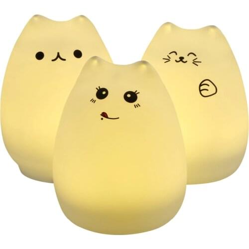 Creative Cute Cat LED Children Kids Baby Night Light Lamp Multicolor Silicone Soft Nursery Sensitive Tap Control Bedside Lamp