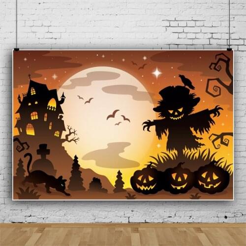 Laeacco Halloween Festivals Horrible Ghost Dark Castle Full Moon Pumpkin Lantern Background Photographic Backdrops Photo Studio