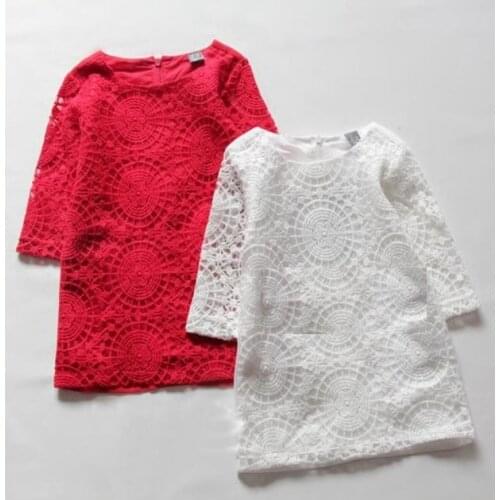 Brand New Floral Girls Dresses Lace Hollow Dress Red White Childrens One-Piece Clothes Free Shipping