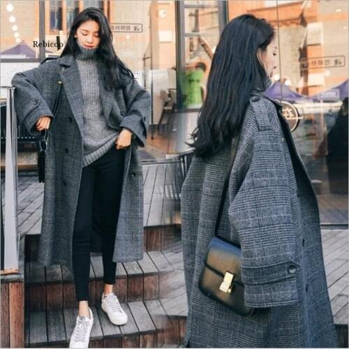 Autumn Winter Plaid Woolen Coat New Fashion Causal Women Turndown Collar Loose Thick Women Winter Coats Female