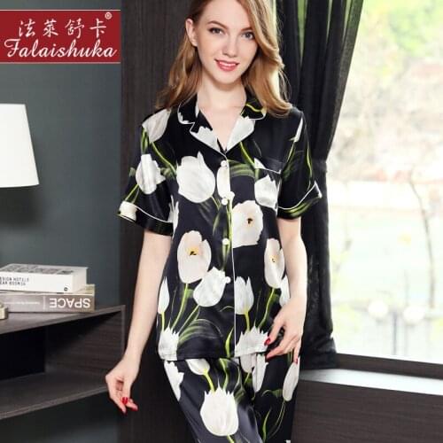 Greenish lily flower Sexy 100% silk pyjamas women Elegant pure silk pajama set black short sleeve Noble pijamas women
