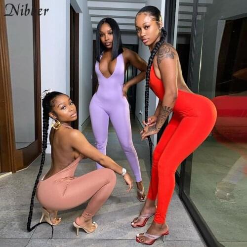 Nibber sexy Low chest depth v skinny jumpsuit female street quality elastic sleeveless romper party activity backless bodysuit