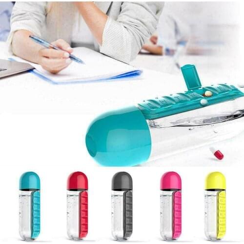 600ml Outdoor Sports Plastic Water Bottle Combine Daily Pill Boxes Organizer Drinking Bottles Leak-Proof Bottle Tumbler Outdoor