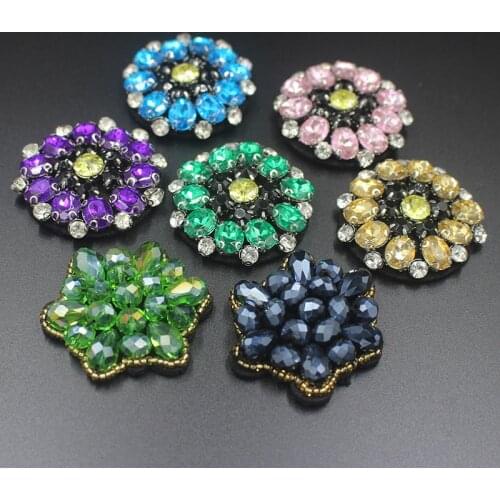 Handmade beaded multicolor diamon crystal flower patches cloth applique patch clothes bag DIY accessories green pink bule color