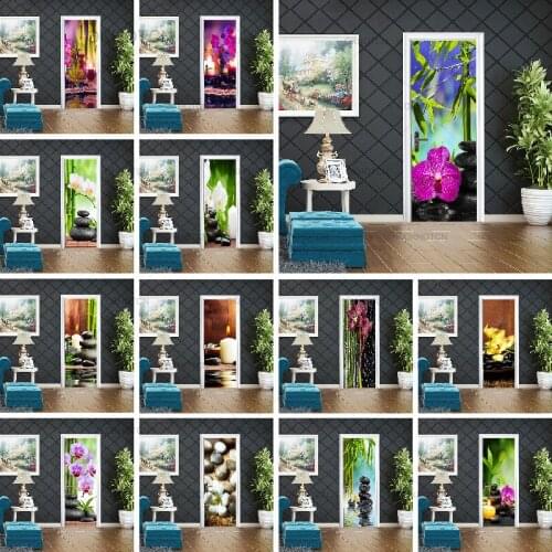 Self-adhesive Door Stickers Orchid Flowers 3D PVC Wall Stickers Religious Wall Art Decal Buddha Art Home Decoration Wallpaper