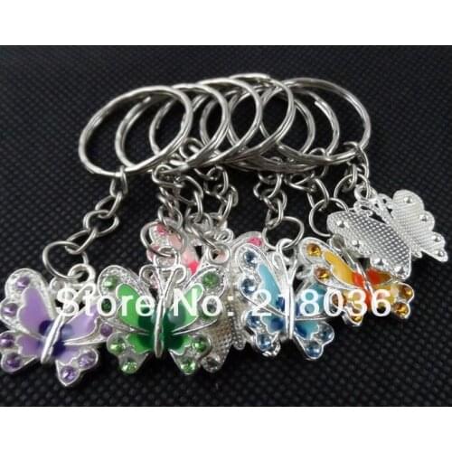 Vintage Silver Charms Animal Enamel Crystal Butterfly Keychain For Keys Car Key Chains Bag Key Ring Handbag Accessories 10pcs