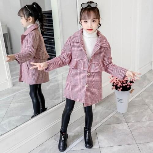 Girl quilted woolen coat Girl cold warm plaid coat Girl fashion long woolen coat Girl stitching woolen windbreaker