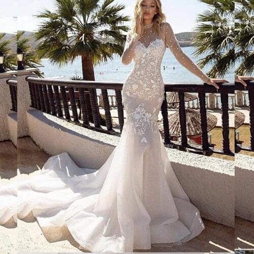 Princess Mermaid Polka-Dot Wedding Dress 2021 High Neck Long Sleeve Lace Appliques Sweep Train Bridal Gown Vestidos De Noiva