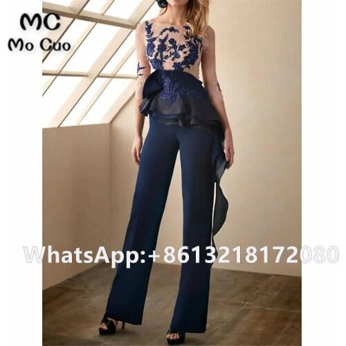 Navy Blue Jumpsuit Mother of the Bride Dresses 3/4 Sleeves Lace Appliques Wedding Guest Dress Button Mother of the Bride Dress