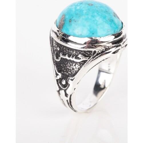 UM US JEWELRY Turquoise Natural Stone Hand Embroidered 925 Sterling Silver Men Ring