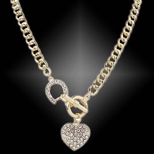 Womens Inlaid Rhinestone Heart Shape Pendant Short Curb Chain Necklace Jewelry