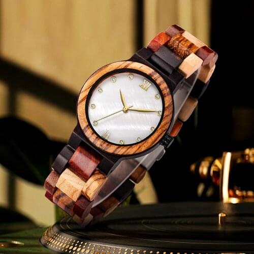 Female Wooden Watch Pearl Shell Color Wood Set Simple Fashion Watch Wood Strap Clock Wooden Case Wrist Watch Relogio Masculino