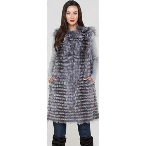 Ladies real fox fur woven vest, silver fox fur long pearl vest