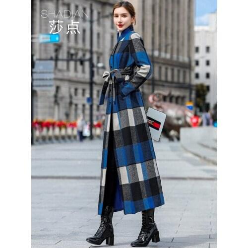 Chinoiserie Wool Overcoat Womens Middle Long Large Check Cashmere Long Overcoat with Vertical Collar, Slim and Slim