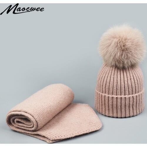 Winter Parent-child Real Fur Pompon Hat And Scarf Set Women Thick Crochet Knitted Wool Beanies Caps Hat With Natural Fur Pom Pom