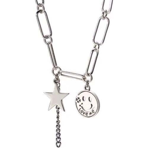 2419 925 Sterling Silver Fashion Star Smiling Face Tassel Thai Silver Necklace Vintage Charm Necklace For Women Jewelry S-N517