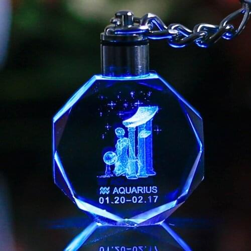 Key ChainLaser Engraved Zodiac Crystal Key chain Glass Hanging Decoration with Changing Color LED Light for Gifts porte clef