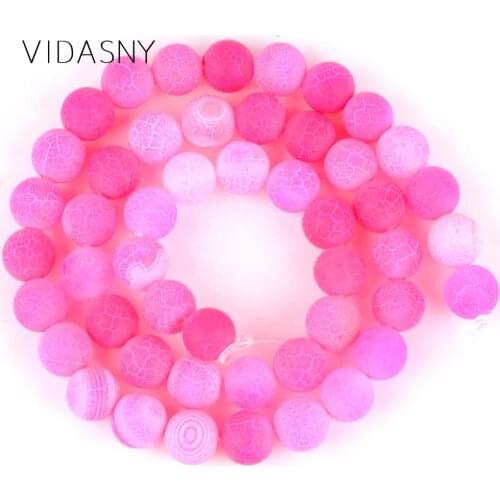 Natural Matte Frost Cracked Fuchsia Agates Onyx Round Stone Beads For Jewelry Making 4mm-12mm Spacer Beads Diy Bracelet 15