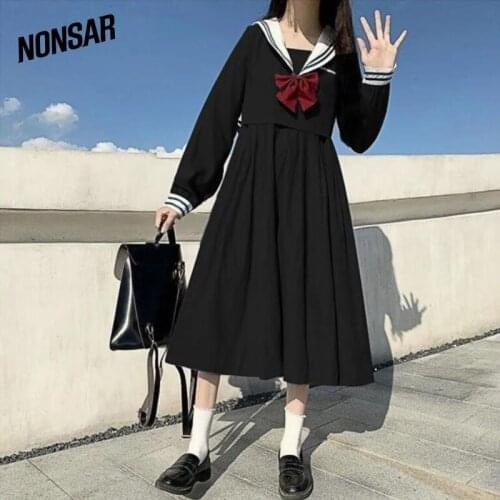 Mothybot Navy Collar Black Dress Womens Autumn 2021 New Korean Version Loose Waist Slimming Japanese College Style